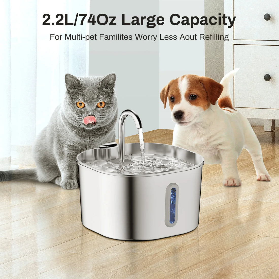 Fuente de agua automática para gatos ZYFeeder 2.2L Cuadrada de acero inoxidable.  (Sin enchufe 5V 1A)